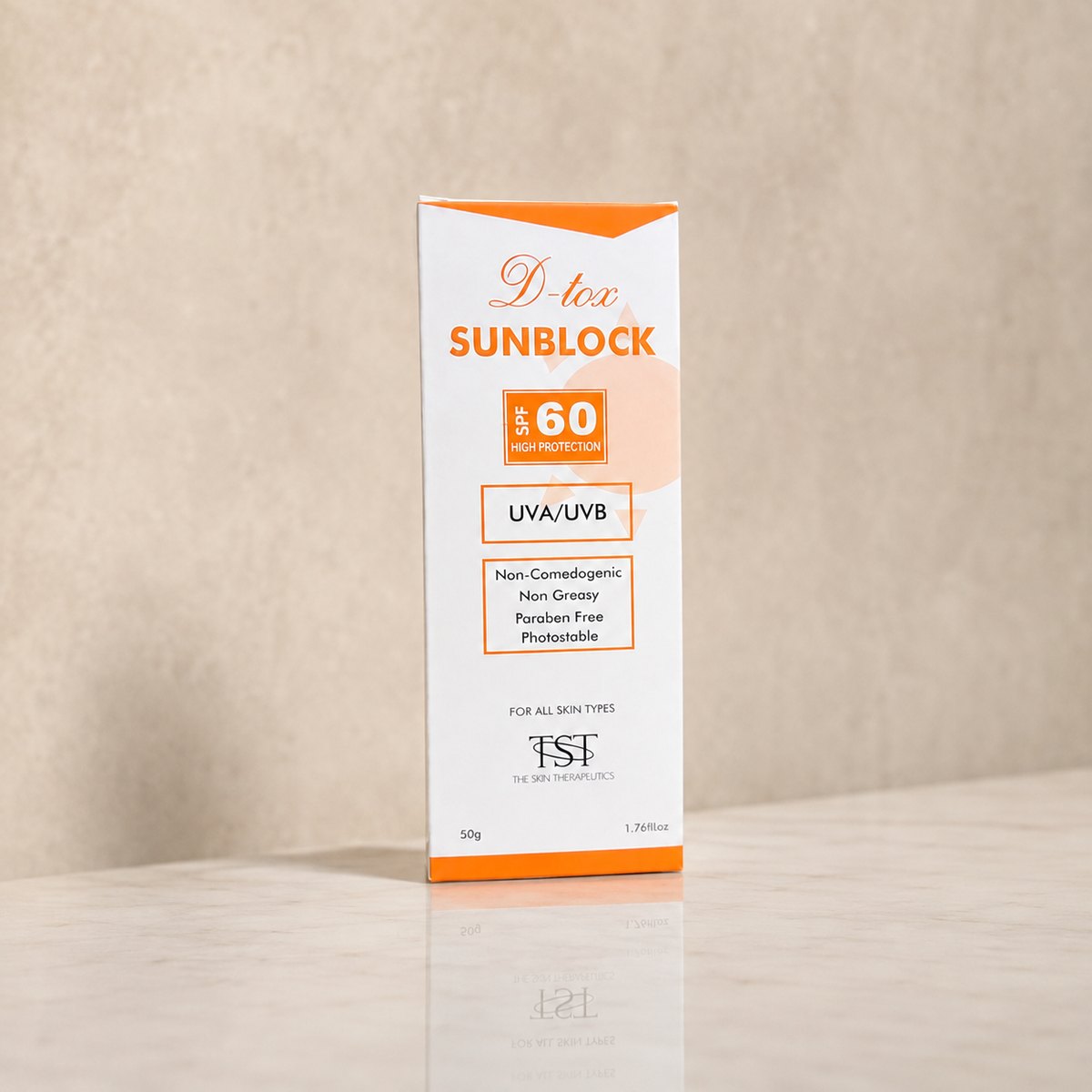 A 50g box of D-tee Sunblock SPF 60 by TSF stands upright on a light marble surface against a textured beige background.