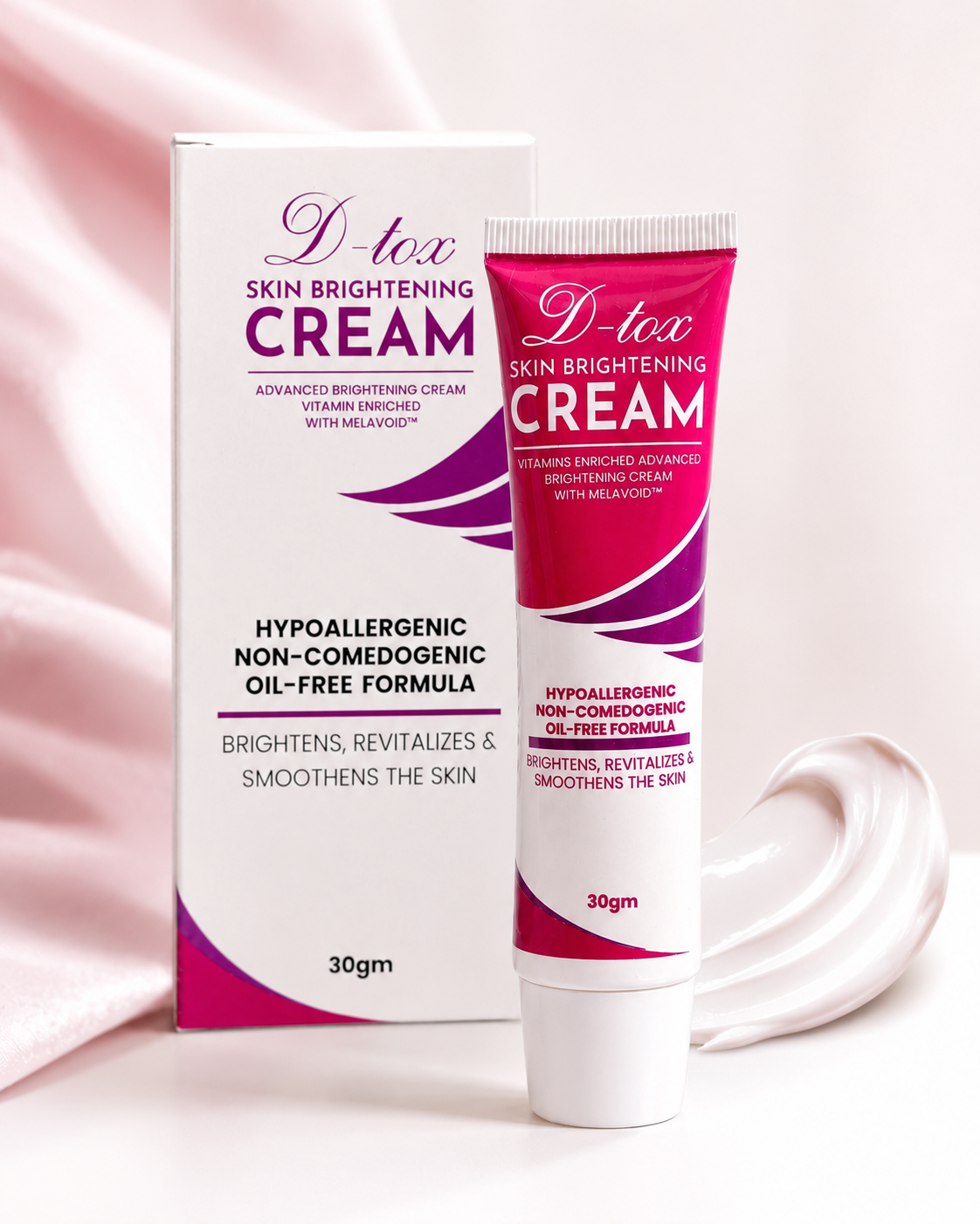D-tox Skin Brightening Cream shown with its white and magenta packaging box, alongside a dollop of the cream on a soft pink satin background. D-tox Skin Brightening Cream price is 1105 on sale.